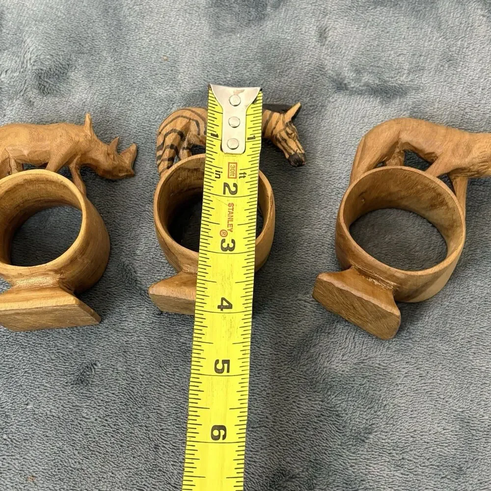 Set Of 3 African Safari Hand Carved Wooden Napkin Rings Vintage